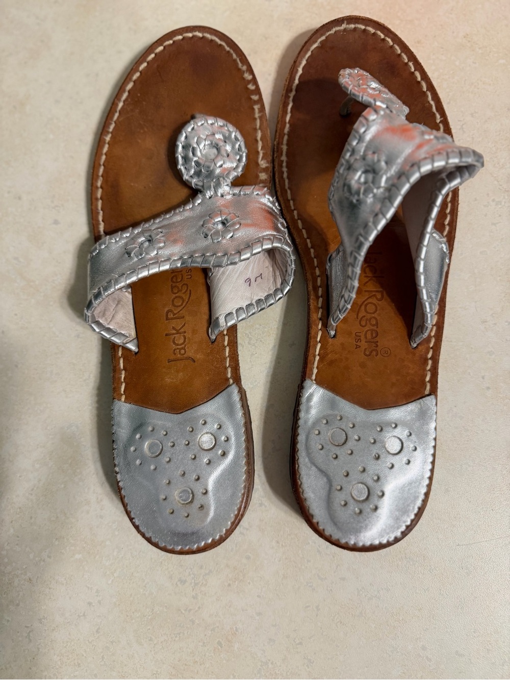 Jack Rogers Metallic Silver Whipstitched Thong Sandals Size 9
